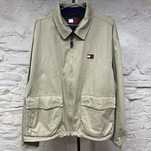 Vintage 90s Tommy Hilfiger Flag Patch Harrington Jacket Brown Beige Chin Strap